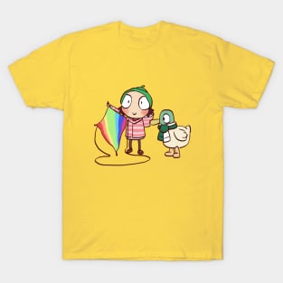 sarah and duck flying a rainbow kite in kite flight / children cartoon T-Shirt